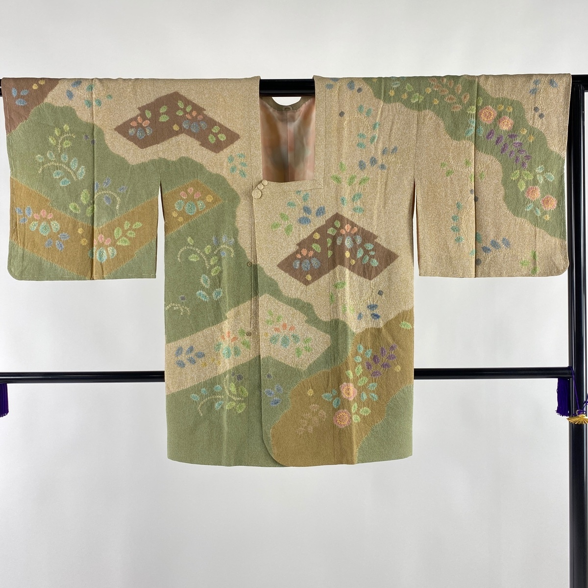 道行 美品 名品 松井青々 落款 和装コート 角衿 草花 金彩 絞り 