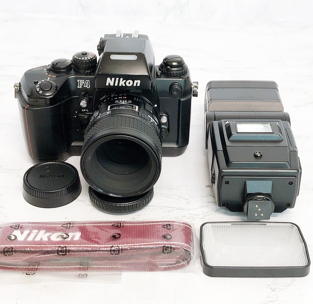 ニコン F4 一眼レフフィルムカメラ スピードライト 未開封ストラップ付（AF MICRO NIKKOR 60㎜ 1:2.8D）動作未確認 ジャンク 