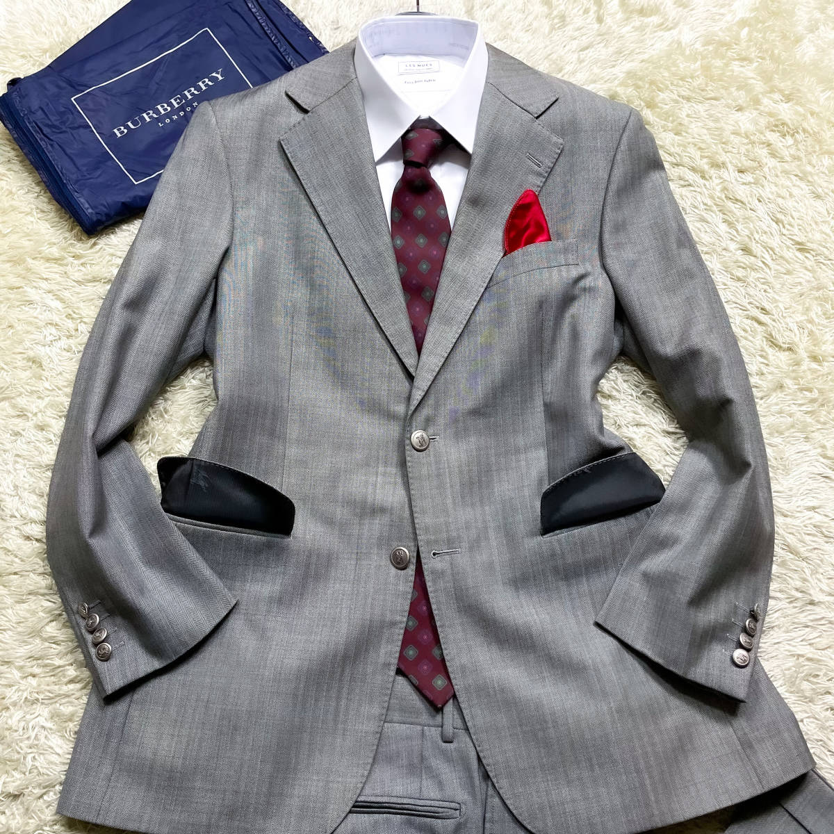 BURBERRY バーバリーロンドン LONDON ラクマ フリマアプリ ブレザー 極上の輝き!バーバリーロンドン セットアップスーツ 背抜きホース銀ボタンL相当A6ヘリンボーン柄グレーシャドーホース柄 Burberry London