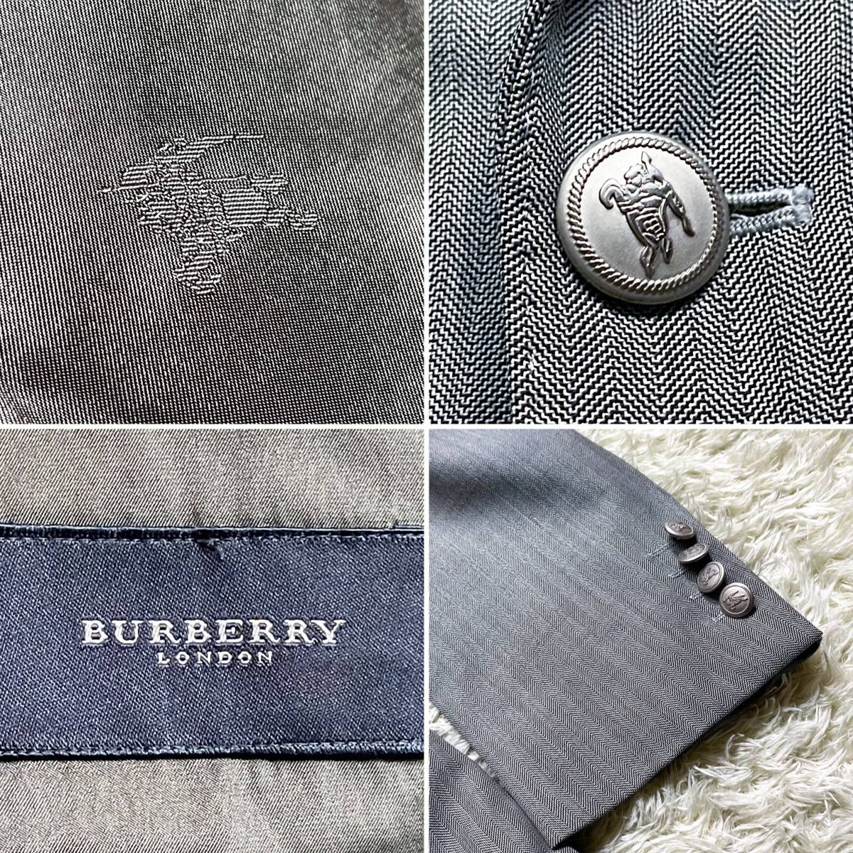 BURBERRY バーバリーロンドン LONDON ラクマ フリマアプリ ブレザー 極上の輝き!バーバリーロンドン セットアップスーツ 背抜きホース銀ボタンL相当A6ヘリンボーン柄グレーシャドーホース柄 Burberry London