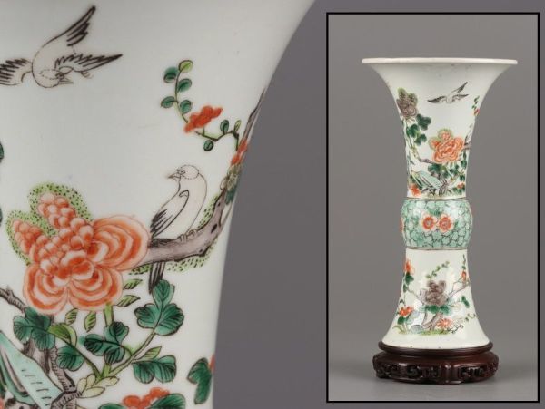 中国古玩 唐物 粉彩 尊式 花瓶 唐木台 時代物 極上品 初だし品 4668