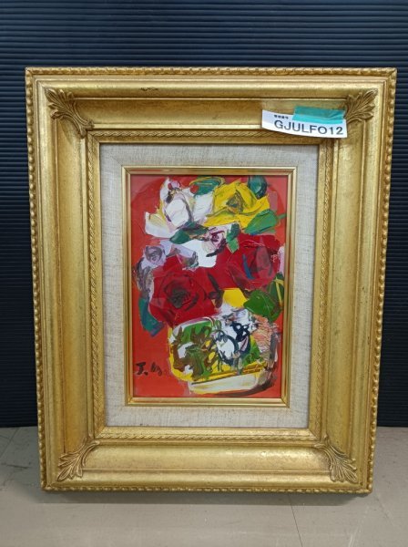 有田徳一　油彩画 GJULFO12 絵画 油彩 有田徳一/マジョリカ壺 バラ 約40cm×33cm 【送料