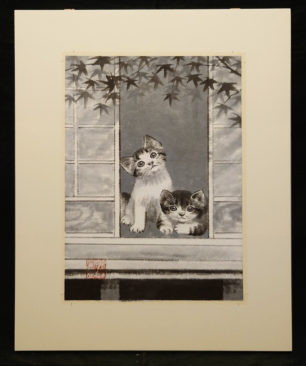 真作】孤高の画家 穐月明「仔猫」4号 共シール 紙本 水墨 無所属