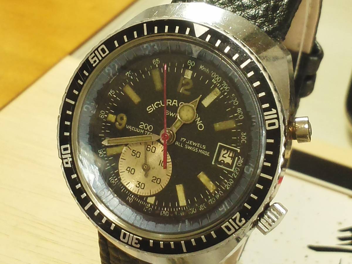 1960年代 　SICURA　ダイバー　クロノグラフ＆STOP　マイコレクション　非常にレア手巻き　スイス手巻腕時計 