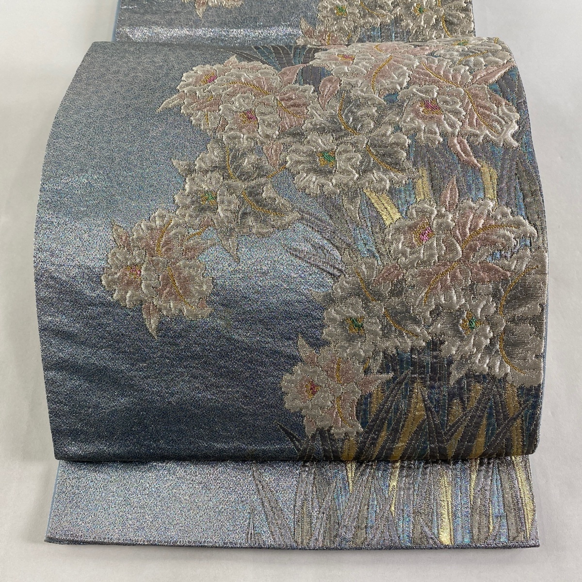 秀品 袋帯 六通 草花 箔 美品 青灰色 正絹 金銀糸 中古 銀色