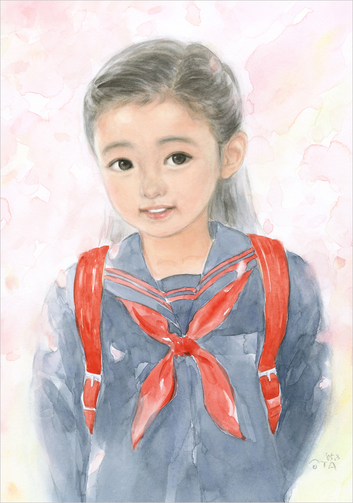 おおた慶文の原画「赤いリボンの新学期」／子供画 新品の額装付 送料