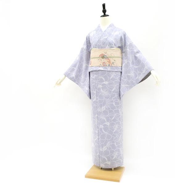 結城紬 袷 着物 無形文化財 ブルーラベンダー 淡紫 花 染め柄
