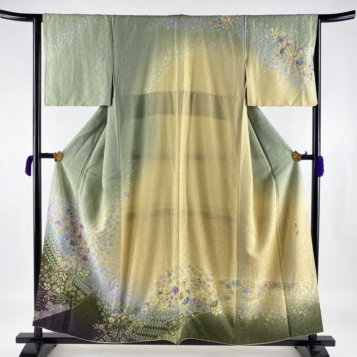 訪問着 逸品 吉乃一廉 落款 辻が花 金彩 薄緑 袷 身丈156cm 裄丈