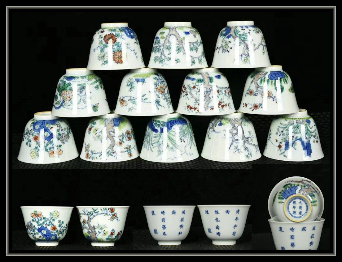 多寶屋】NF100□迫力珍品！大清康熙年製款 闘彩の十二花神杯12客 共