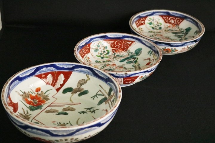 TB526伊万里 色絵 二重高台 色絵鉢 3点◇陶磁器/和食器/焼物/古民具/深