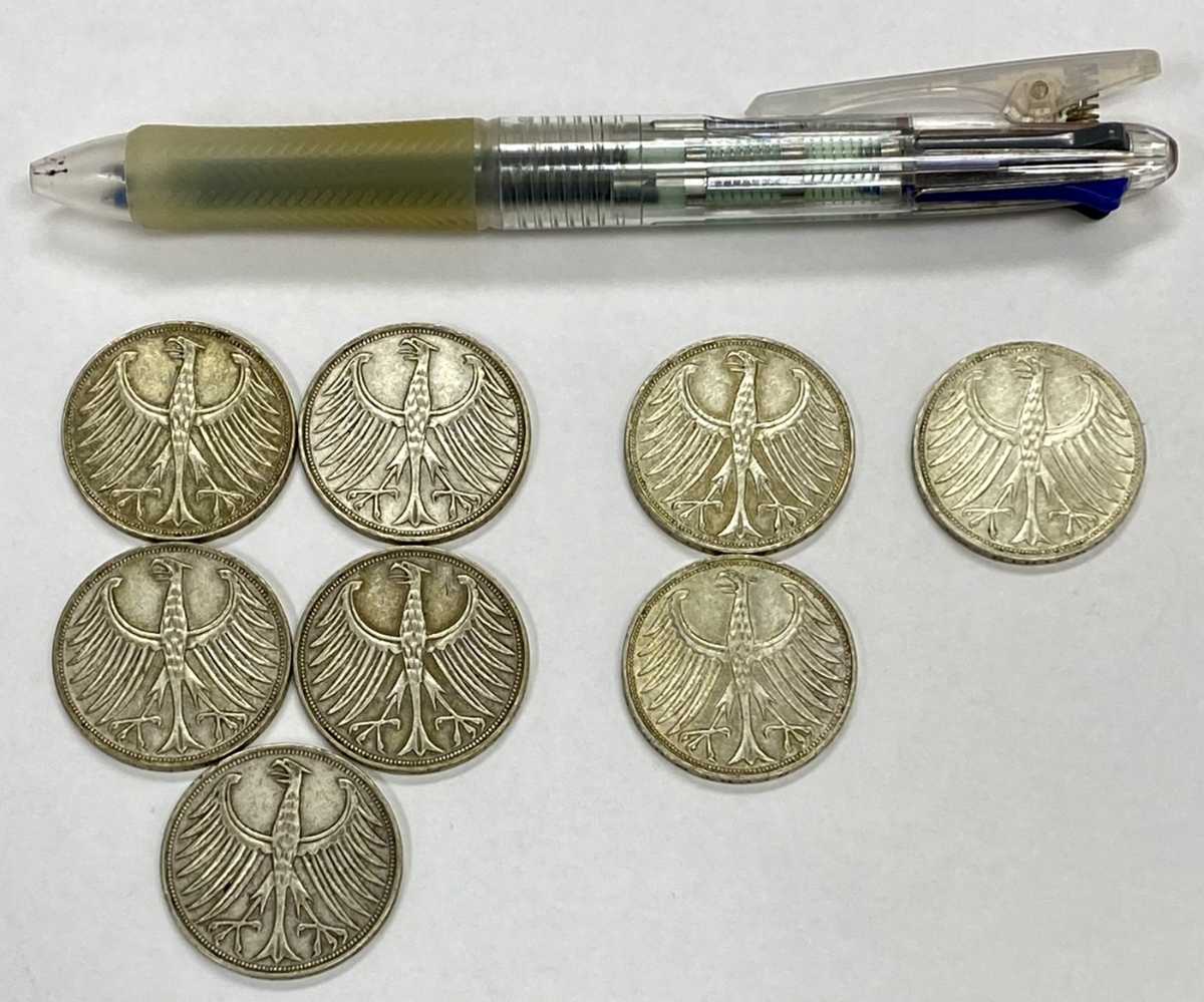 ドイツ 5マルク 銀貨・鷲・シュトゥットガルド・コイン・1951年5枚・1965年2