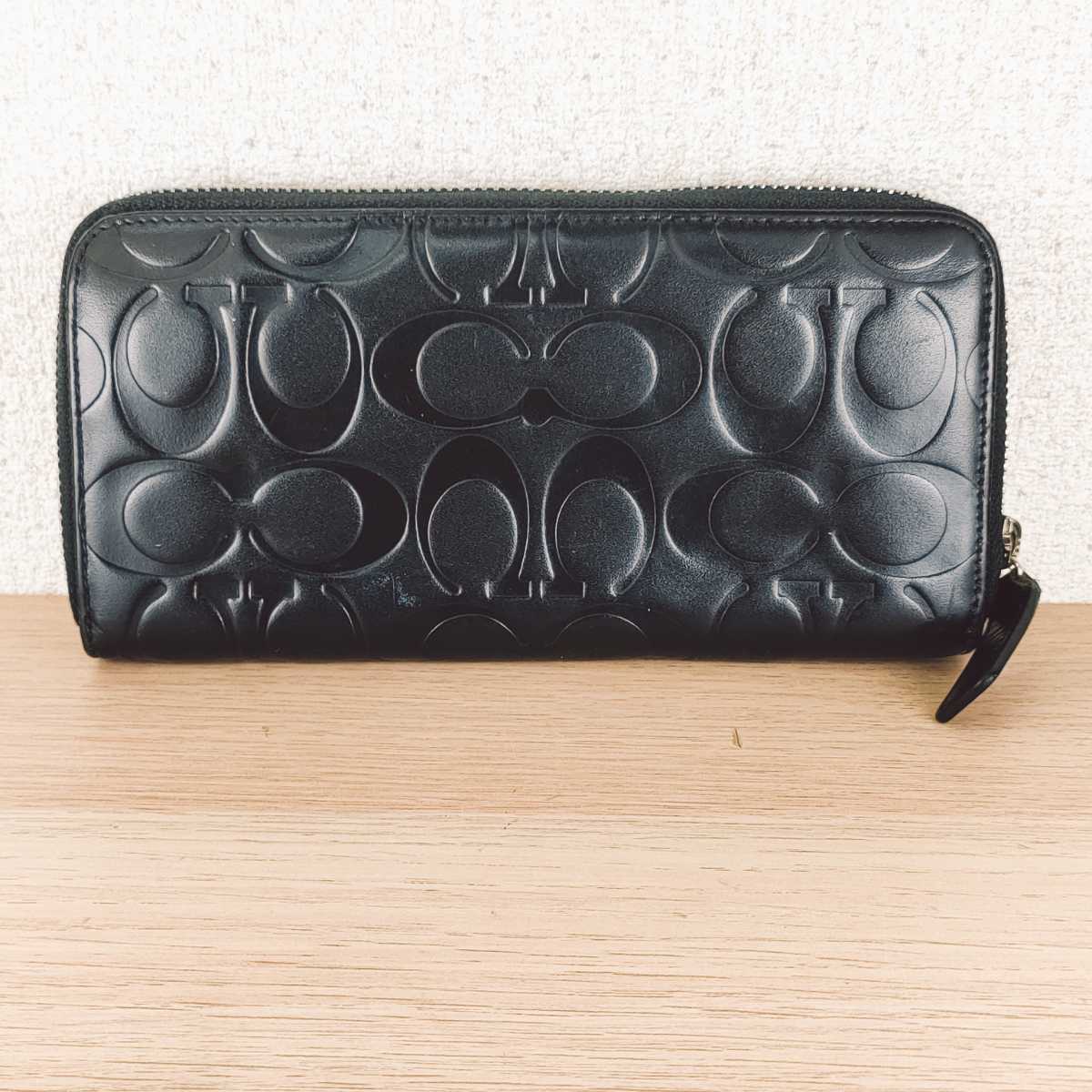 美品】COACH コーチ 長財布 ラウンドファスナー ブラック シグネチャー 