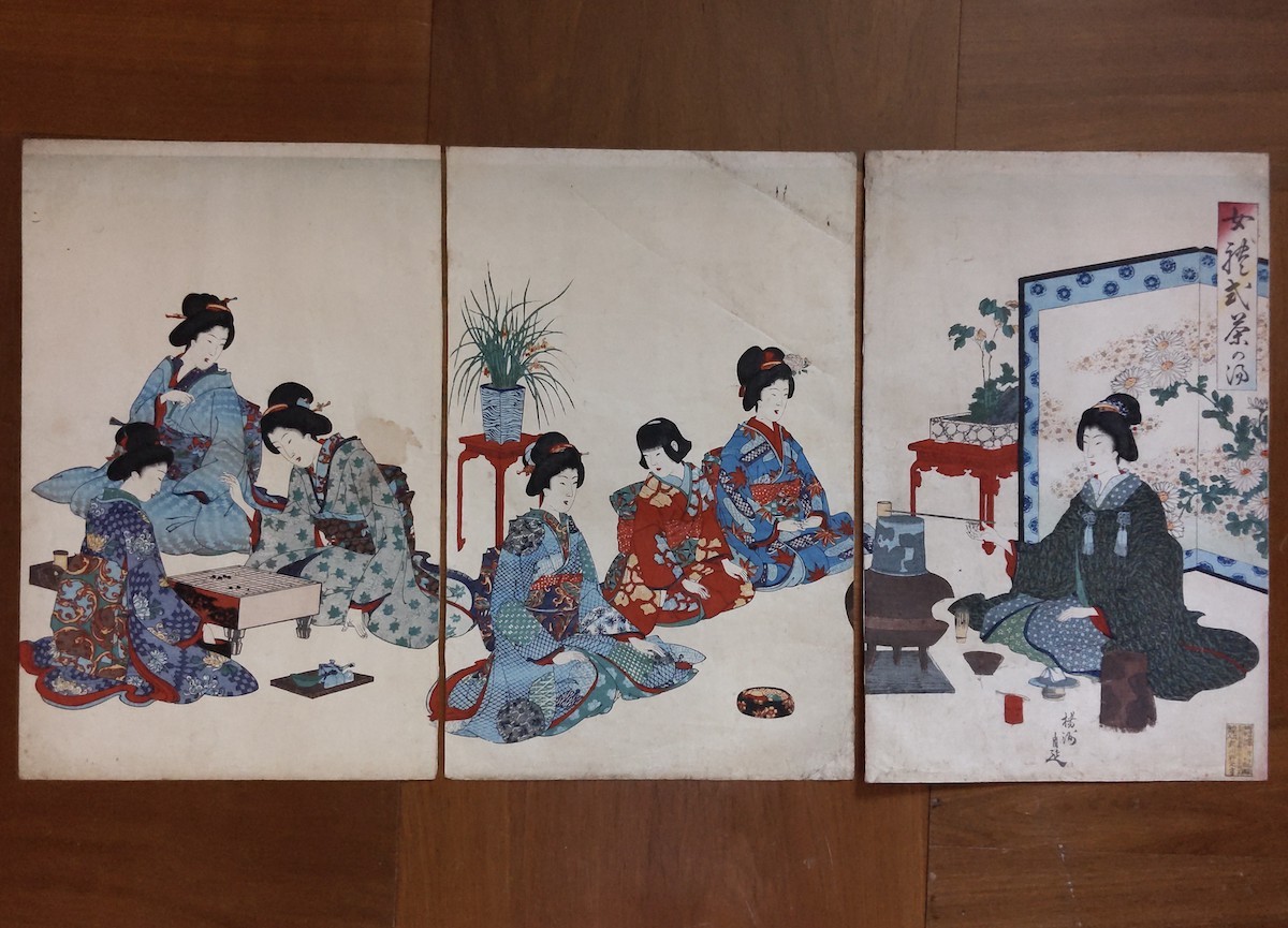 真作/本物 明治期 楊洲周延「女礼式」浮世絵 木版画 美人図 大判 錦絵