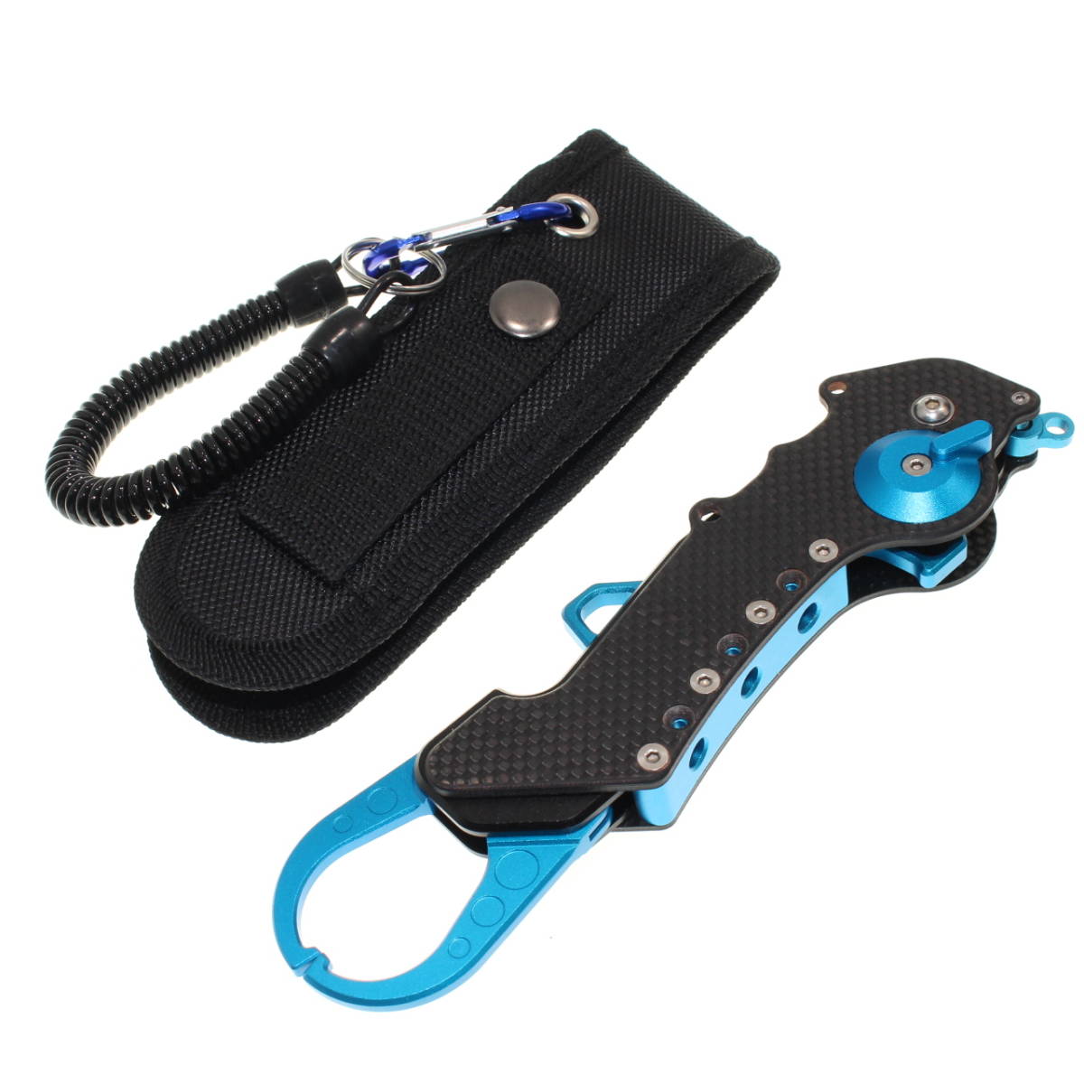 【送料無料】カーボングリップ 折り畳みフィッシュグリップ 軽量アルミ フィッシュキャッチャー 魚掴み ブルー