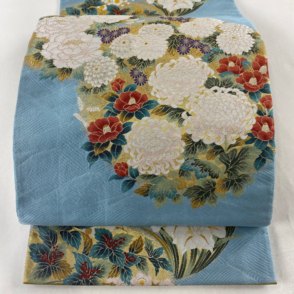 数量限定，100%新品 袋帯 秀品 菊 草花 金銀糸 箔 水色 六通 正絹(仕立て上がり)｜売買されたオークション情報、yahooの商品情報をアーカイブ公開 - オークファン 仕立て上がり