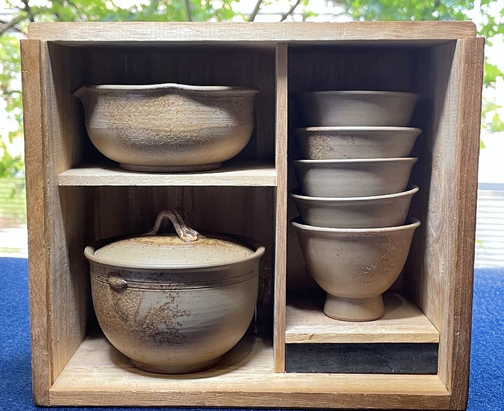 備前焼 煎茶器揃 木村陶峰作 宝瓶 湯冷まし 煎茶碗五客 茶道具 共箱