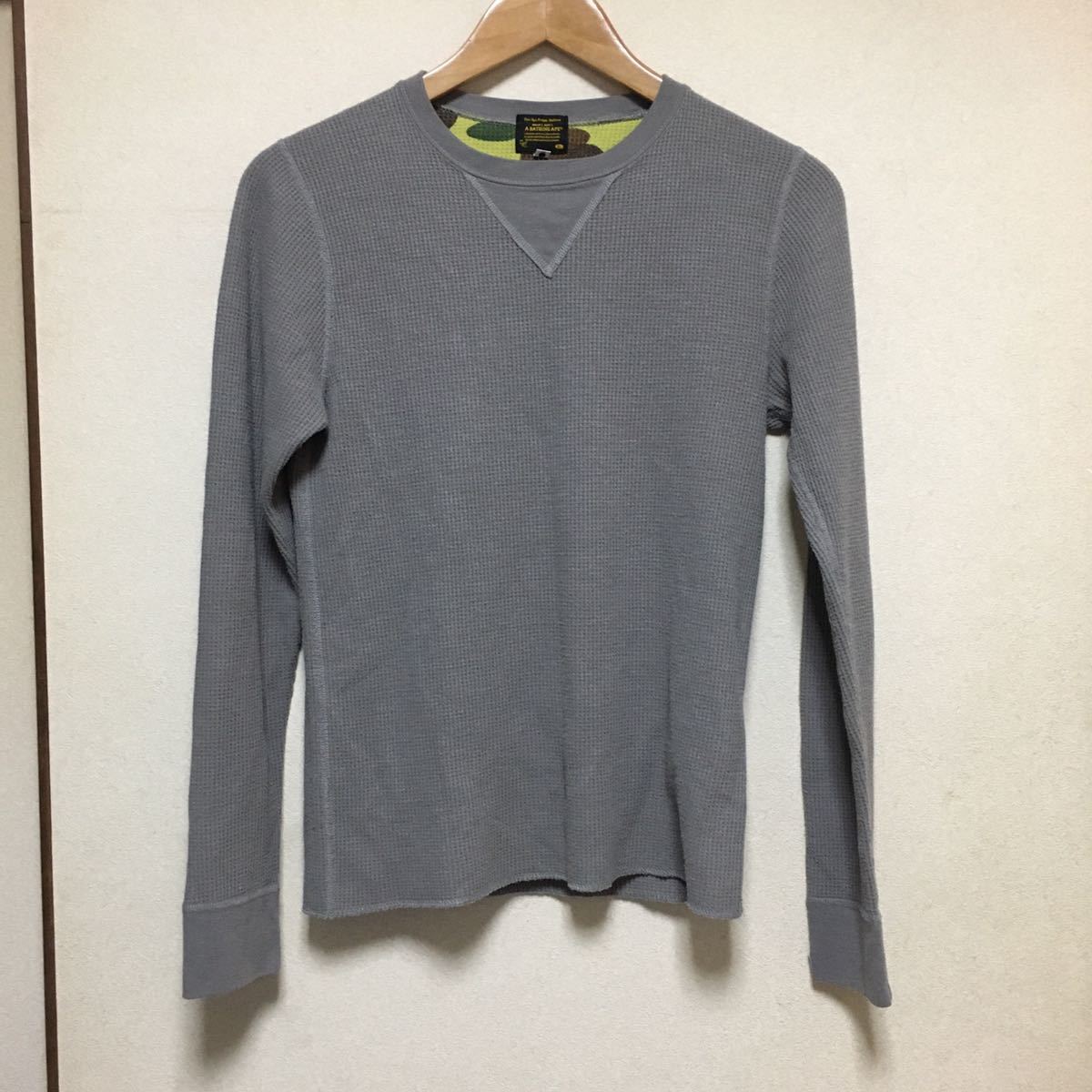 送料込 A BATHING APE サーマル ロンT Sサイズ 日本製 グレー USED ア 