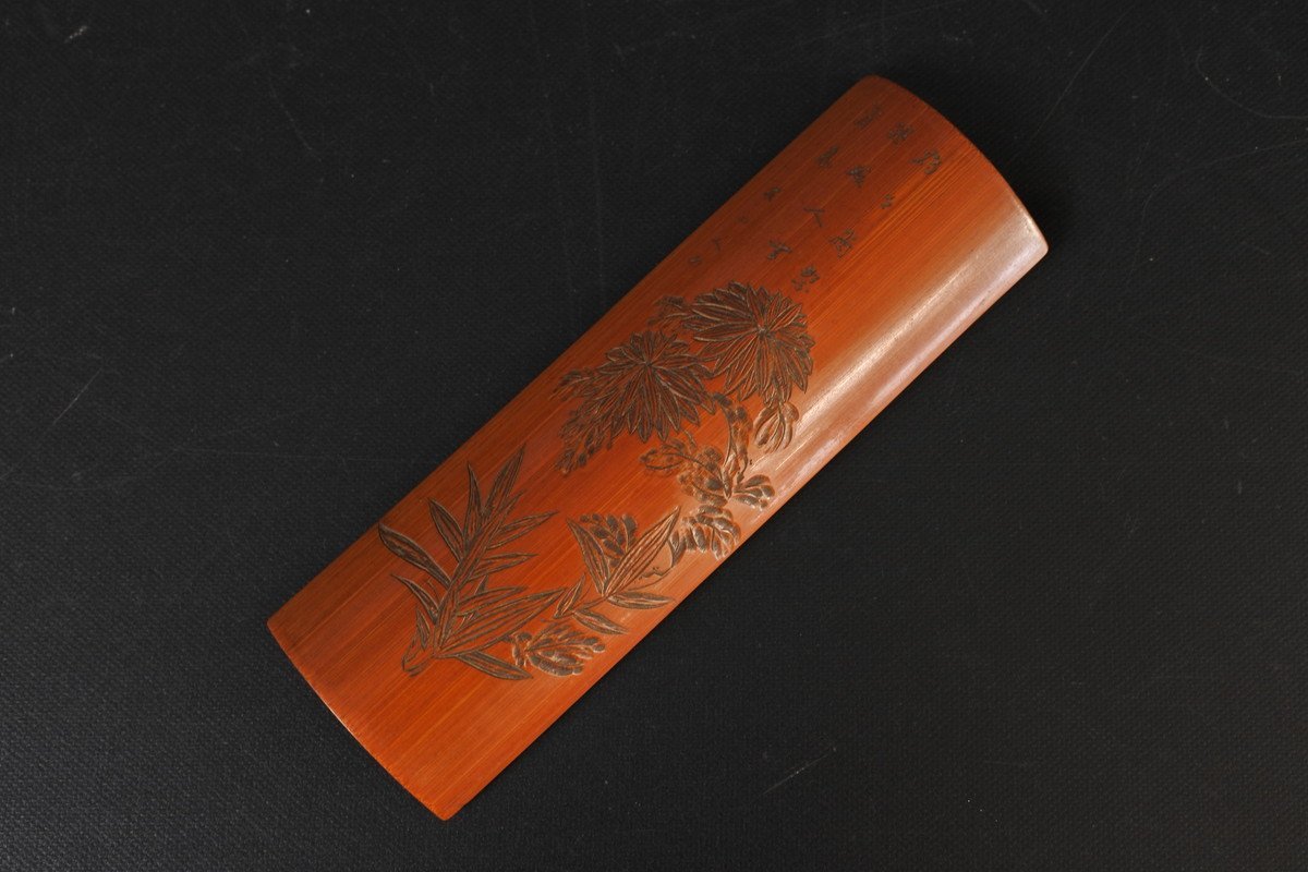 ▽友山人刀 細密彫 古竹彫 菊詩文 茶合 煎茶道具