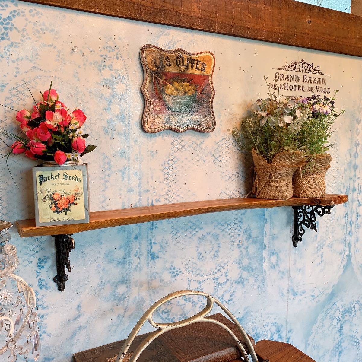 商品タイトル名】 アンティーク ウォールシェルフ/ 天然1枚板の飾り棚  