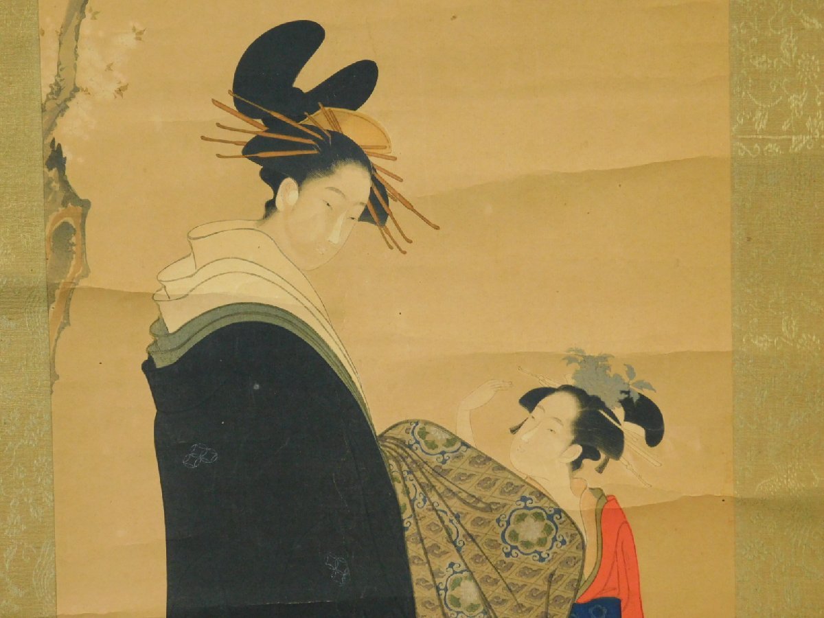 鳥文斎栄之 桜下美人図 美人画 木版画 軸装 掛軸 合わせ箱 錦絵 浮世絵