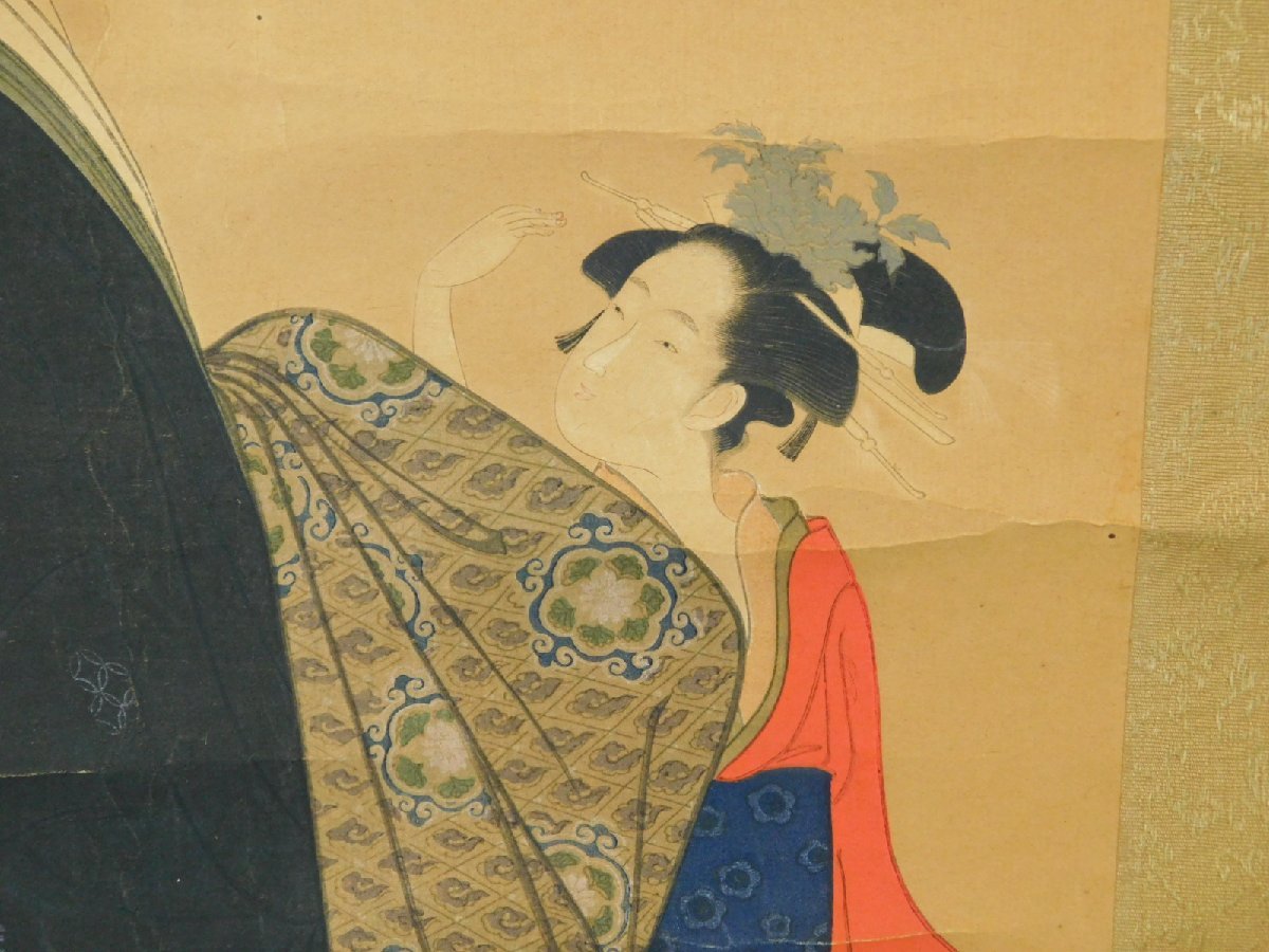 鳥文斎栄之 桜下美人図 美人画 木版画 軸装 掛軸 合わせ箱 錦絵 浮世絵