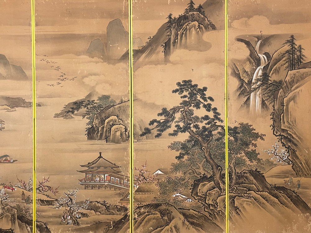 都屋】51 楼閣山水図 屏風 高さ 約170.5cm 六曲半双 無落款 紙本肉筆  