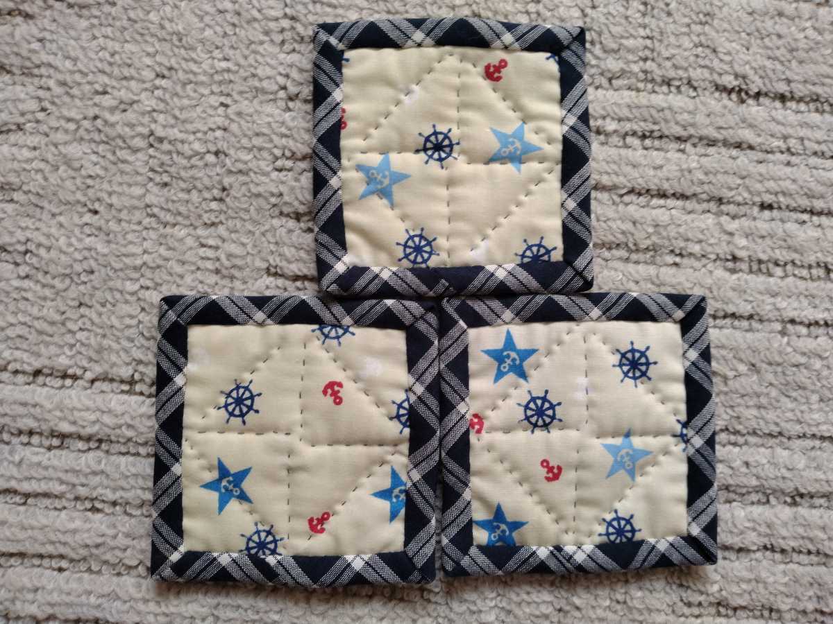 ハンドメイド☆パッチワークコースター☆青色3枚組_3