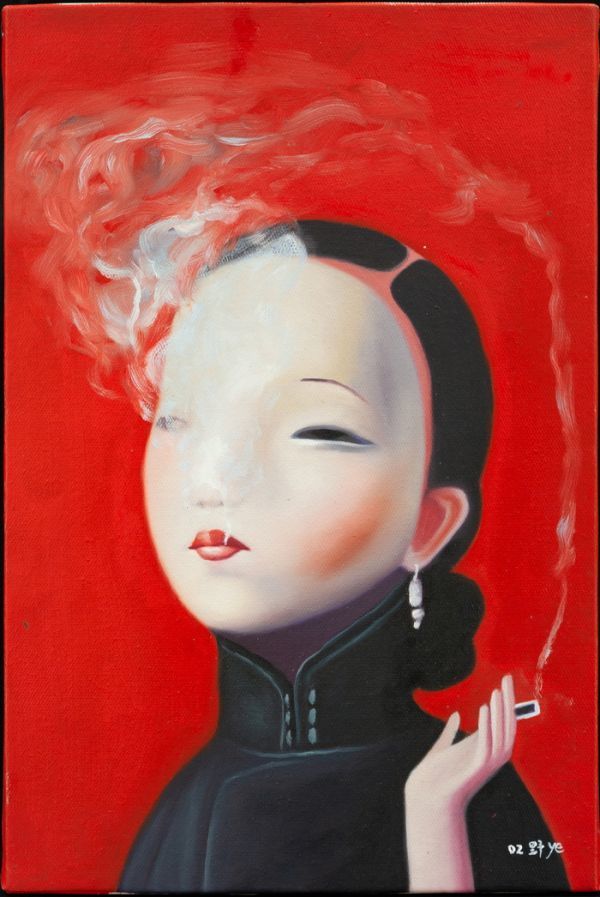 中国人洋画家の巨匠○劉野(リュ・イェ)○油絵 手描き《スモーキング