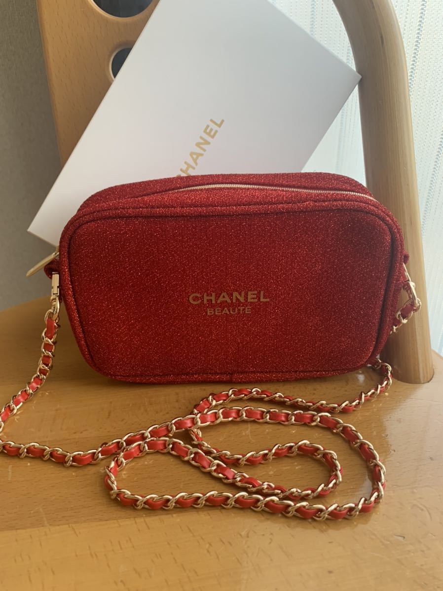 CHANEL シャネル ノベルティ ショルダー ポーチ リボンチェーン付 赤