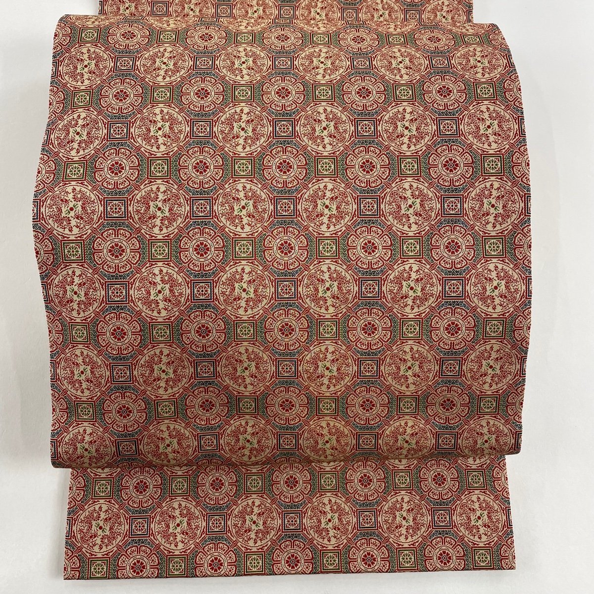 龍村美術織物 美品 開き名古屋帯 名品 華文 正絹 幾何学 逸品 金糸 赤