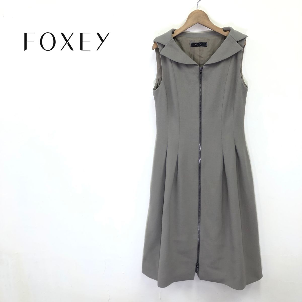 大人気，送料無料 K580-K 日本製 FOXEY フォクシー ノースリーブワンピース size40 グレージュ フレア 衿付き ジップアップ前開き キレイめ ウール100%(ワンピース)｜売買されたオークション情報、yahooの商品情報を 女性用