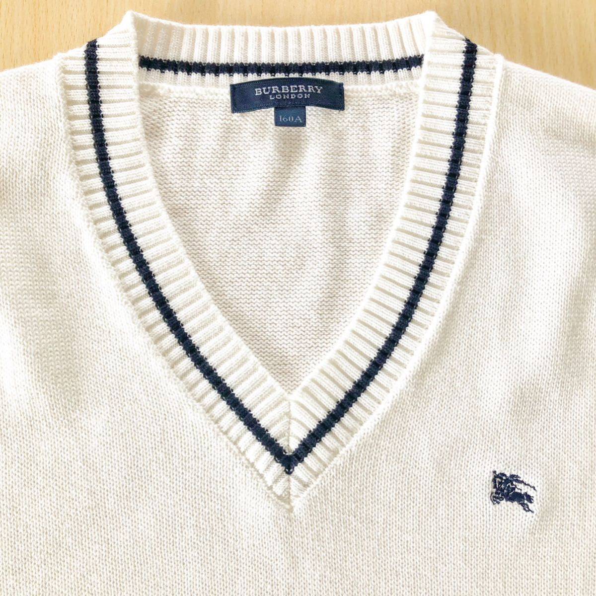 【送料無料】美品 バーバリー BURBERRY LONDON 男女160cm ホース刺繍 綿ニット ベスト オフ白×濃紺 フォーマル 発表会 通学 卒業式 BURBERRY LONDON バーバリー チェック柄 限定セール，お得 新品未使用バーバリーロンドンチェック柄の素敵なワンピース150㎝