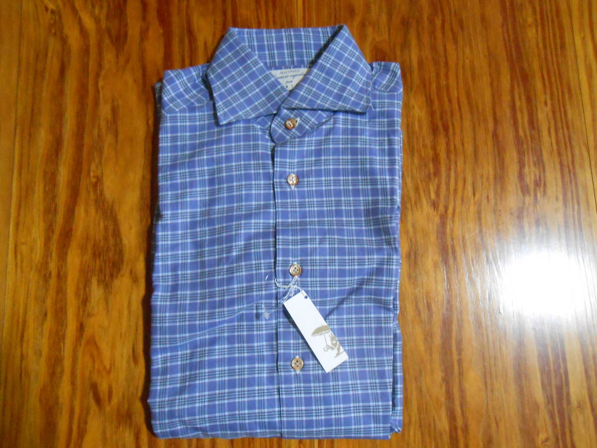未使用タグ付　４万円相当　イタリア高級シャツブランド　AVINO Laboratorio Napoletano　上品なブルー系のチェック柄　UK/US 15 38cm