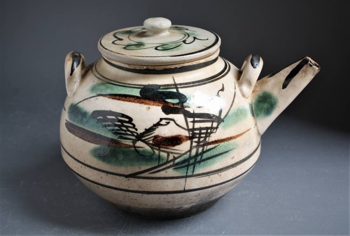 時代古作品❗益子焼 皆川マス 絵付け 色絵 山水図 土瓶 急須