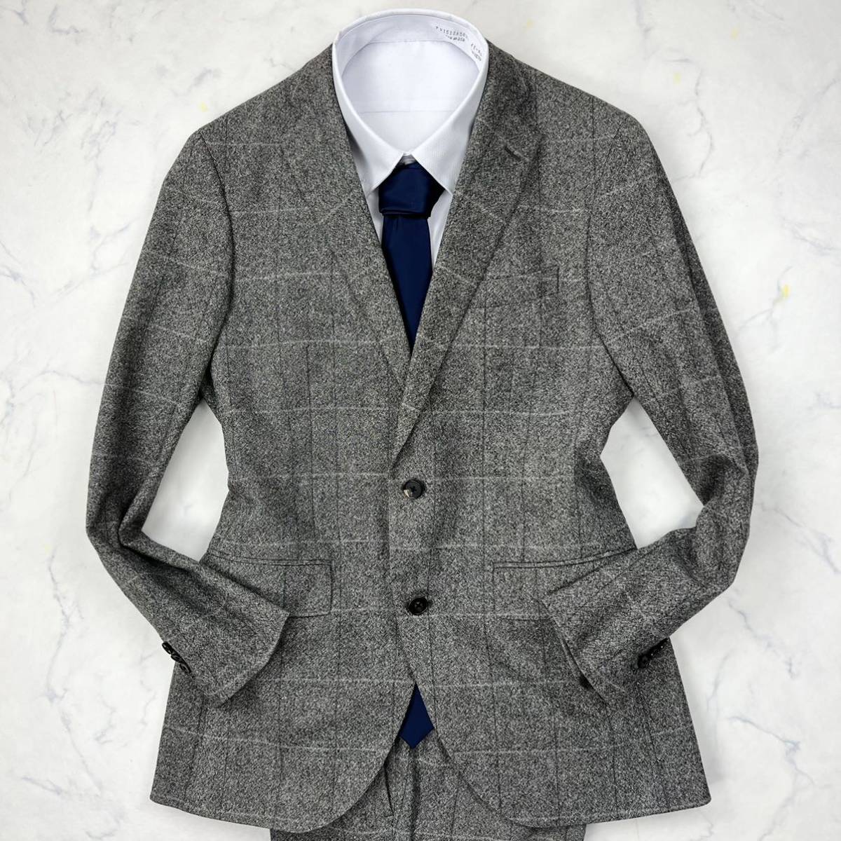 A16 THE SUIT COMPANY【大人の品格】シルク混 ウール スーツ セットアップ ウインドウペン グレー L グレー スーツカンパニー