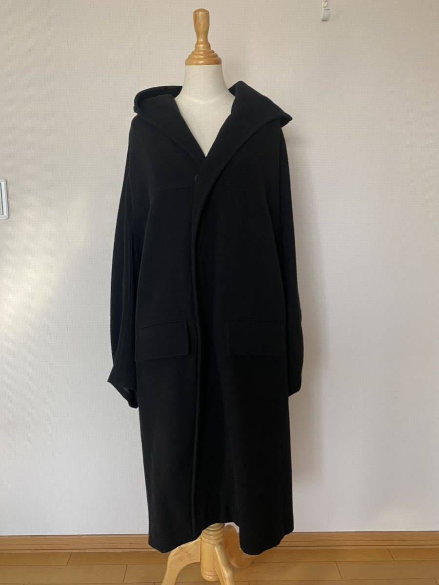 クリーニング済美品◆Y's ワイズ　フード付ウールコート◆黒◆YOHJI YAMAMOTO