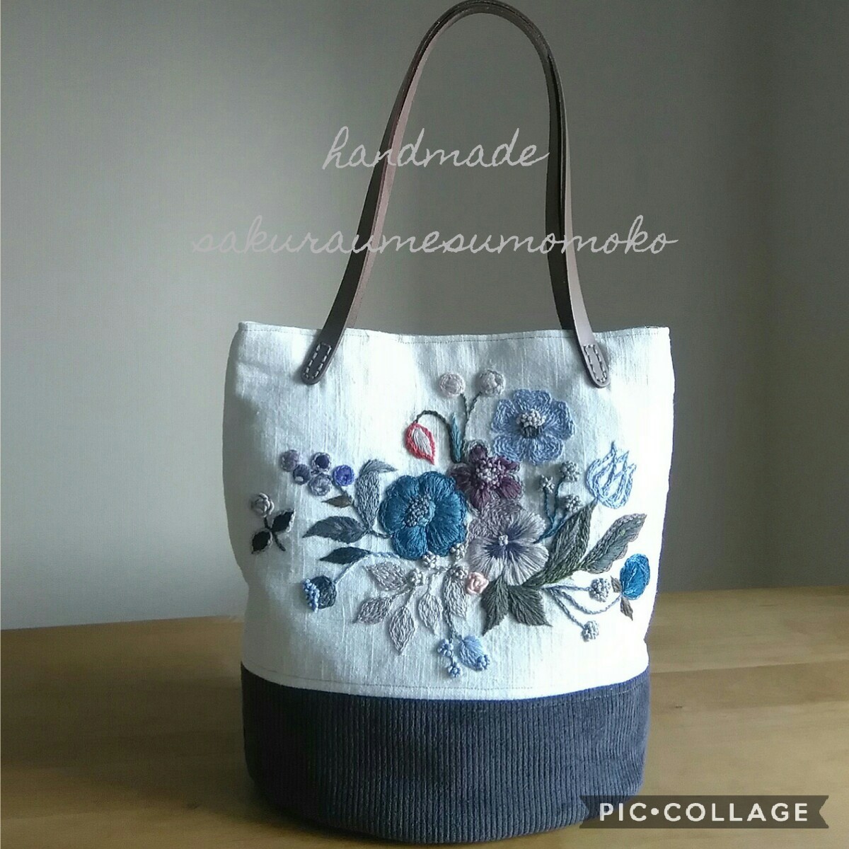 Iichi リネントートバッグ 手刺繍 本革 ハンドメイド・アンティーク