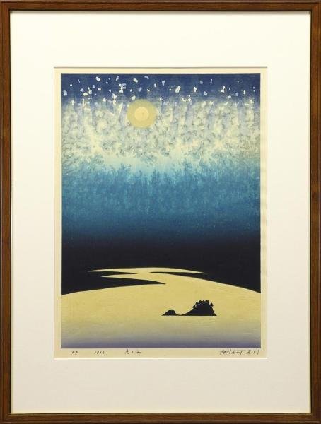 真作】【WISH】牧野宗則「光る海」木版画 8号大 1983年作 直筆サイン