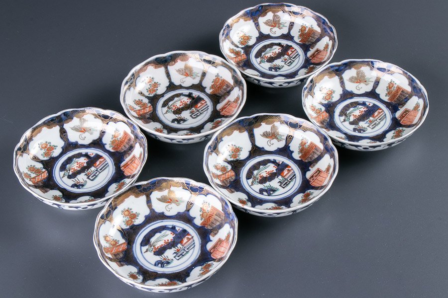 古伊万里】『 金襴手鳳凰桐葉文四寸皿 小皿 6客 明治時代 12846 』 染 
