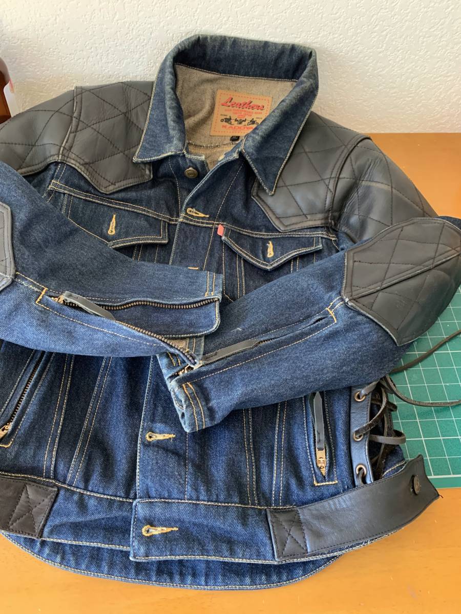 KADOYA LL デニムレザージャケット ライダース 牛革 バイクウェア 希少 KADOYA カドヤ レザー切替 デニムジャケット ジージャン LL バイク乗り