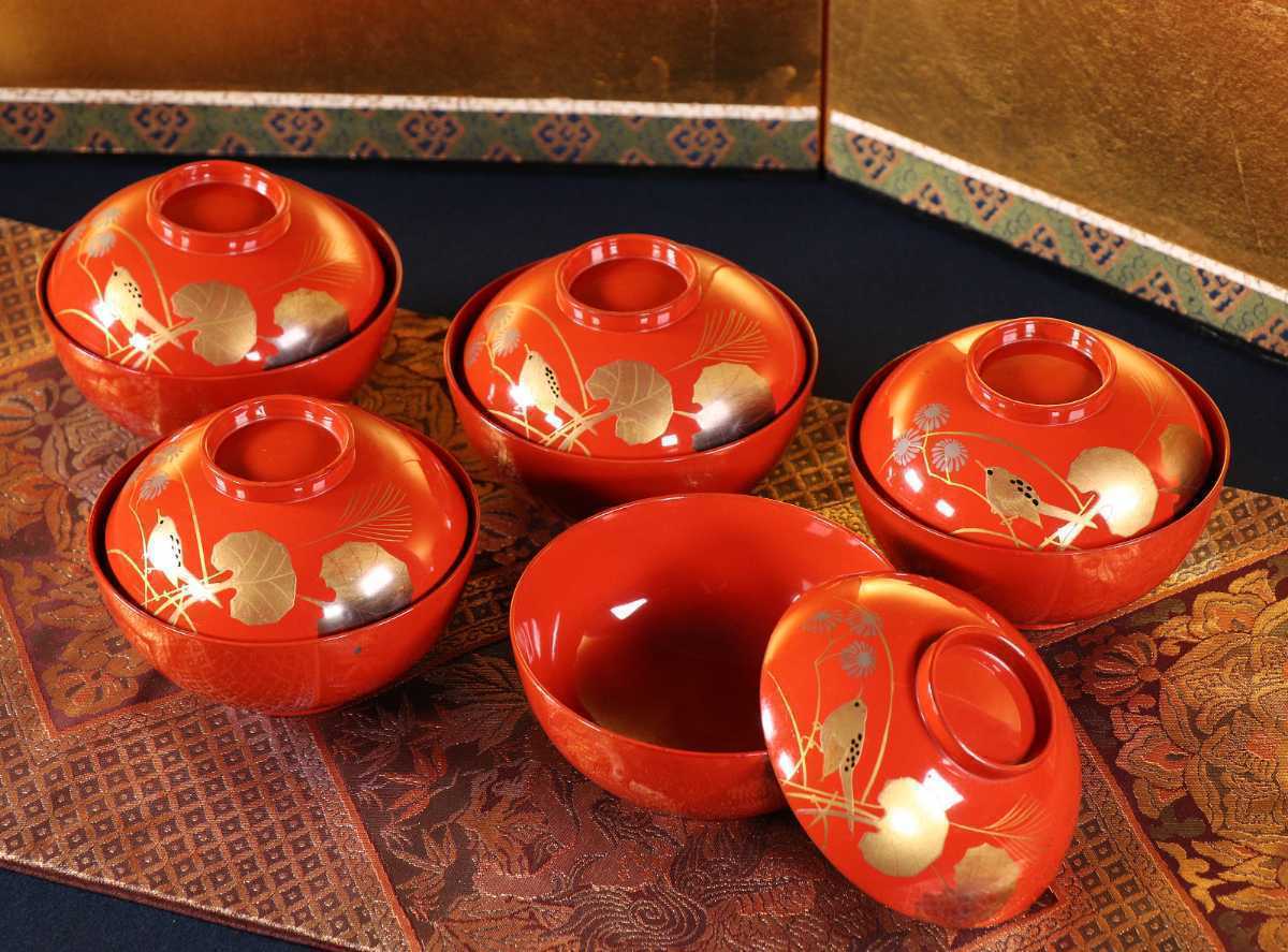 漆器　輪島塗　金蒔絵　鳥花絵　木製　朱　蓋付椀　お煮物椀　吸物椀　10客　骨董品 木製漆器 時代輪島塗 CAK78 朱塗本金花鳥文蒔絵椀五客 鶯 煮物 吸物