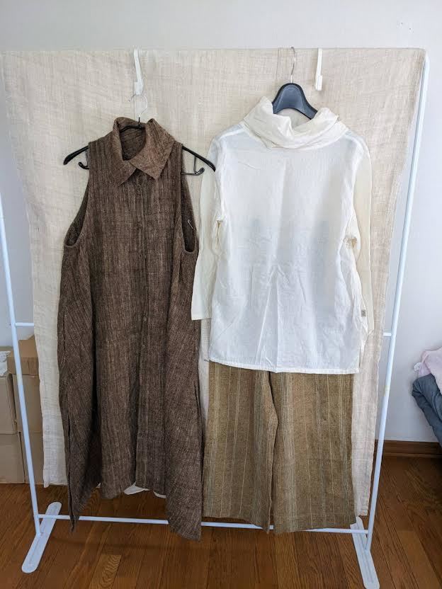 うさとの服 草木染ロングベスト+パンツ+オフタートルブラウス USED  