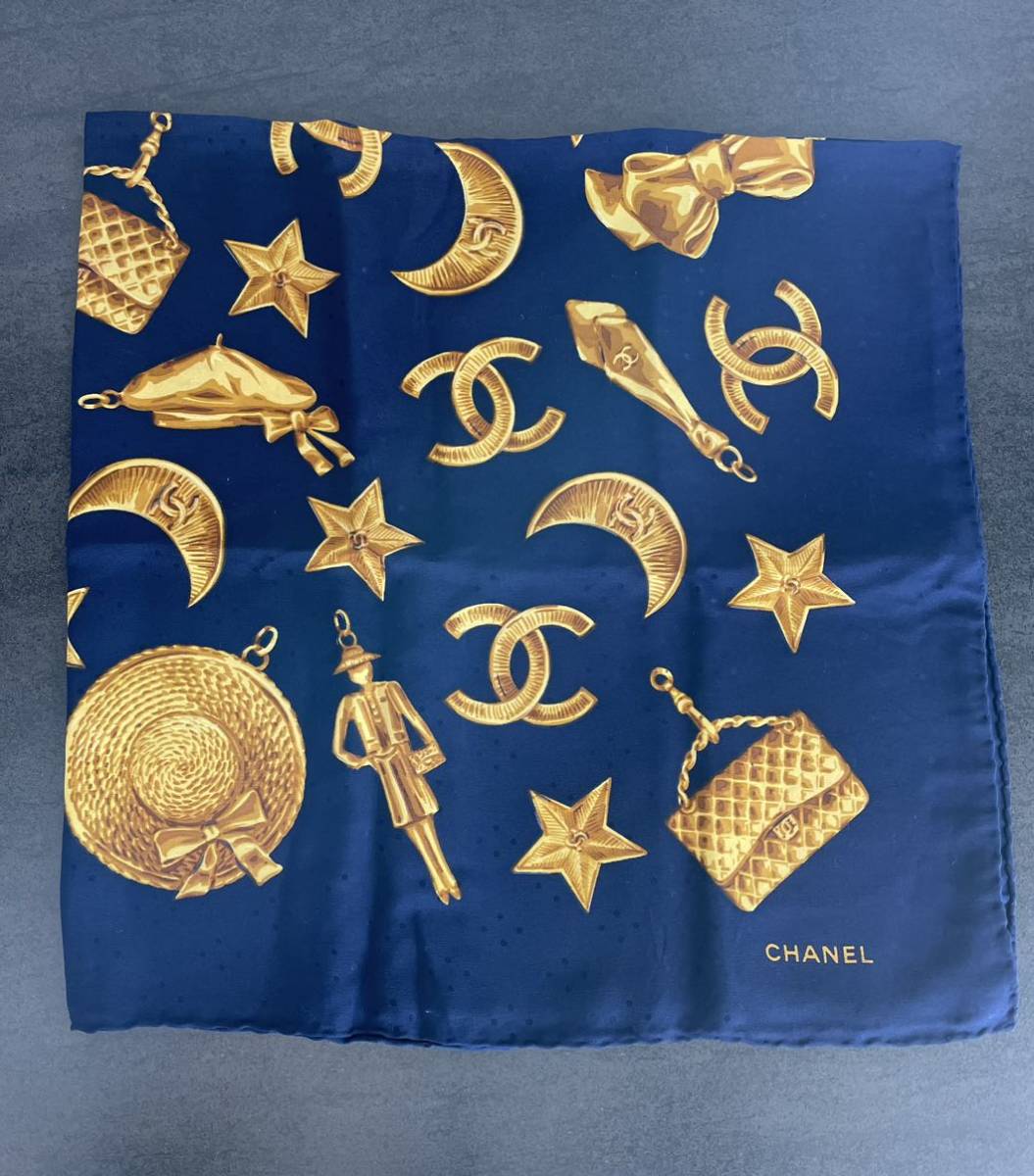 CHANEL シャネル スカーフ 大判 ネイビー ココマーク シルク CHANEL