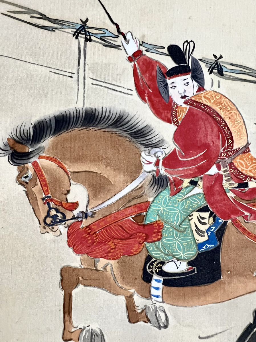 真作] 真筆肉筆 金泥 武者絵 馬図 鳥獣 歴史人物 高取稚成「出陣」絹本