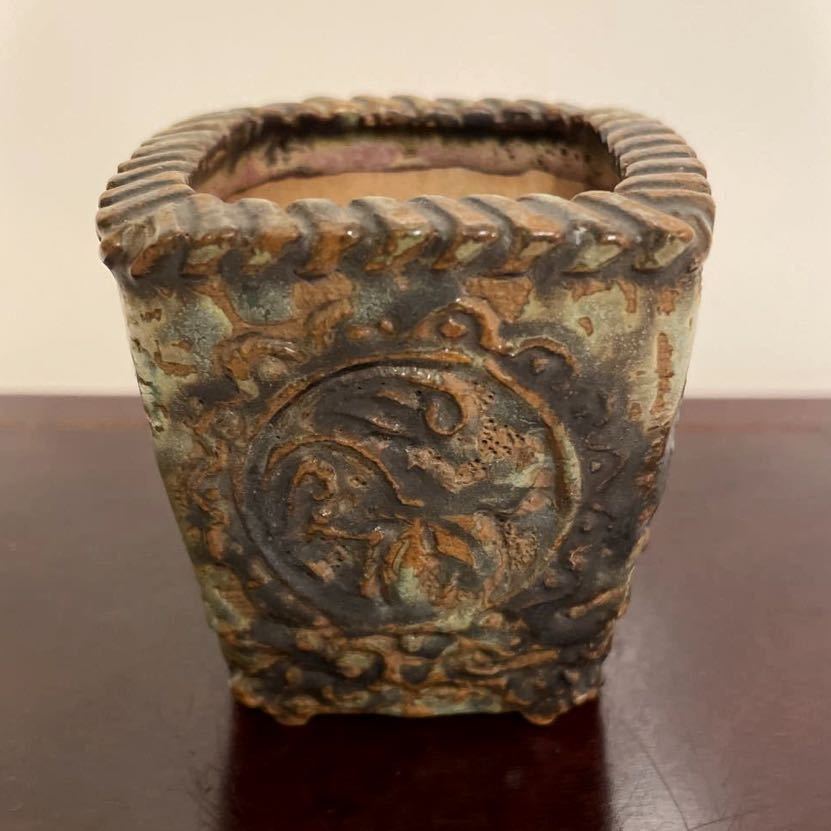 治】在銘 中国古盆器 漢詩菊花彫朱泥長方鉢☆幅34.8cm 彫刻入 唐物