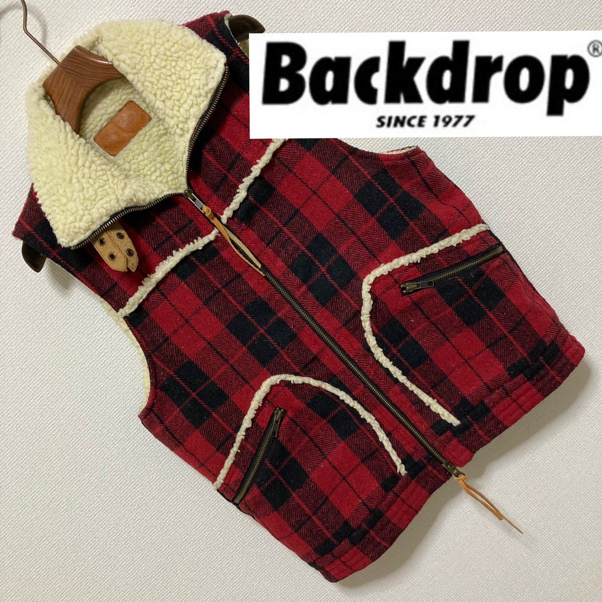 Backdrop バックドロップ■裏ボア ウール ツイード チェック ベスト S レッド ブラック 赤 レザーパーツ B3 ミリタリー 本革