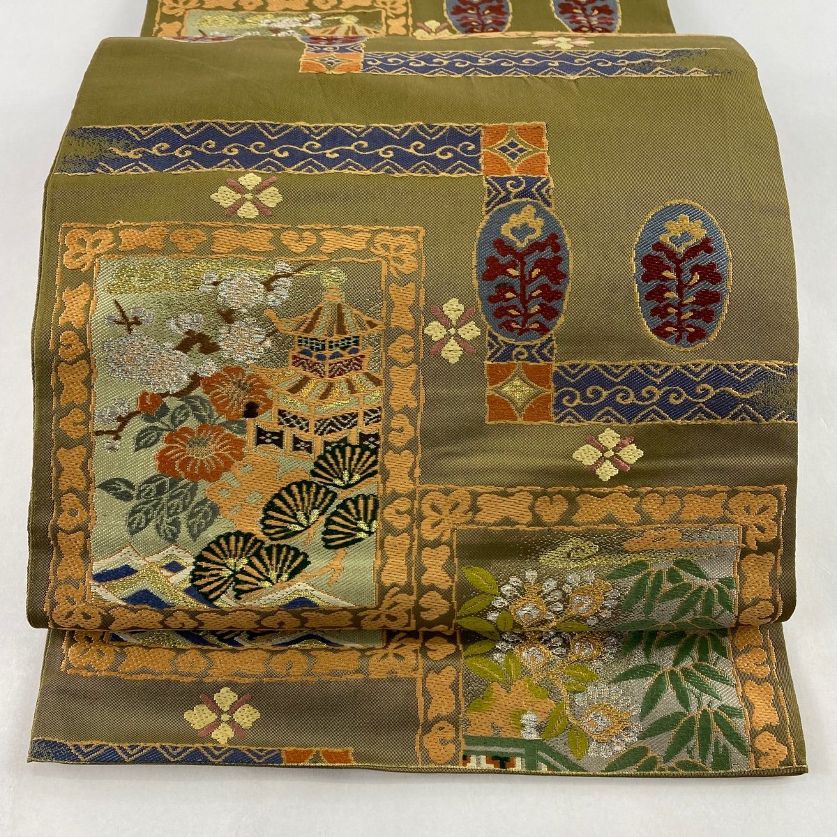 【爆買い，大人気】 袋帯 秀品 松竹梅 風景 金銀糸 茶緑色 六通 正絹(仕立て上がり)｜売買されたオークション情報、yahooの商品情報をアーカイブ公開 - オークファン 仕立て上がり