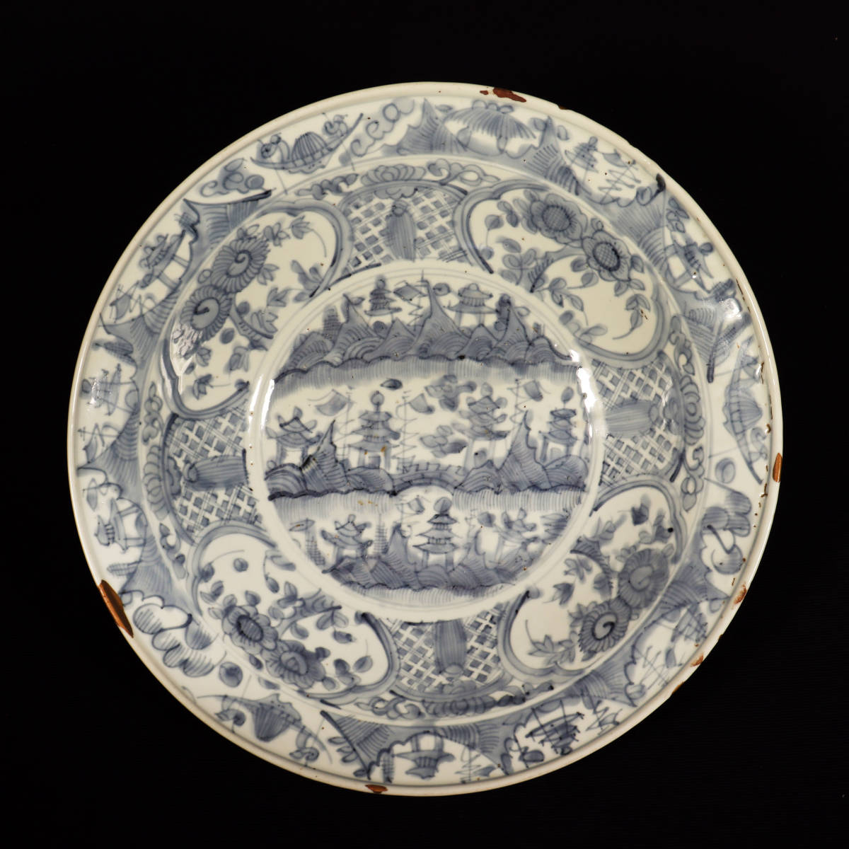大皿　陶器 古美術特集】中国明代 呉須 楼閣文 大皿 約40㎝美しい色合い伸び伸びと