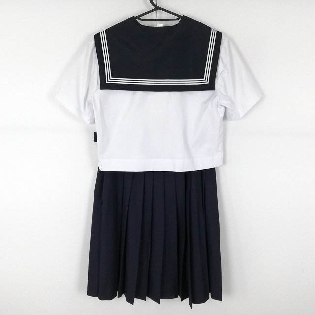 1円 セーラー服 スカート スカーフ 上下3点セット 夏物 白3本線 女子 学生服 高知商業高校 白 制服 中古 ランクC NA0125