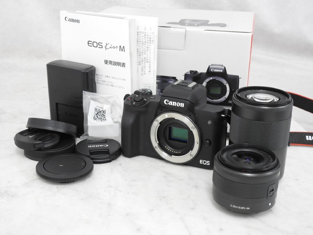 ☆ Canon キャノンミラーレス/Eos Kiss M + レンズ/EF-S 15-45mm /EF-M 55-250mm レンズセット 箱付き 中古☆ EOS Kiss M キヤノンカメラミュージアム ミラーレス一眼カメラ 動作確認済